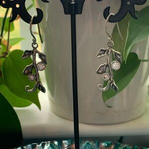 Shablool-Style Sterling CZ Israel Made Leaf Vine Dangle Earrings